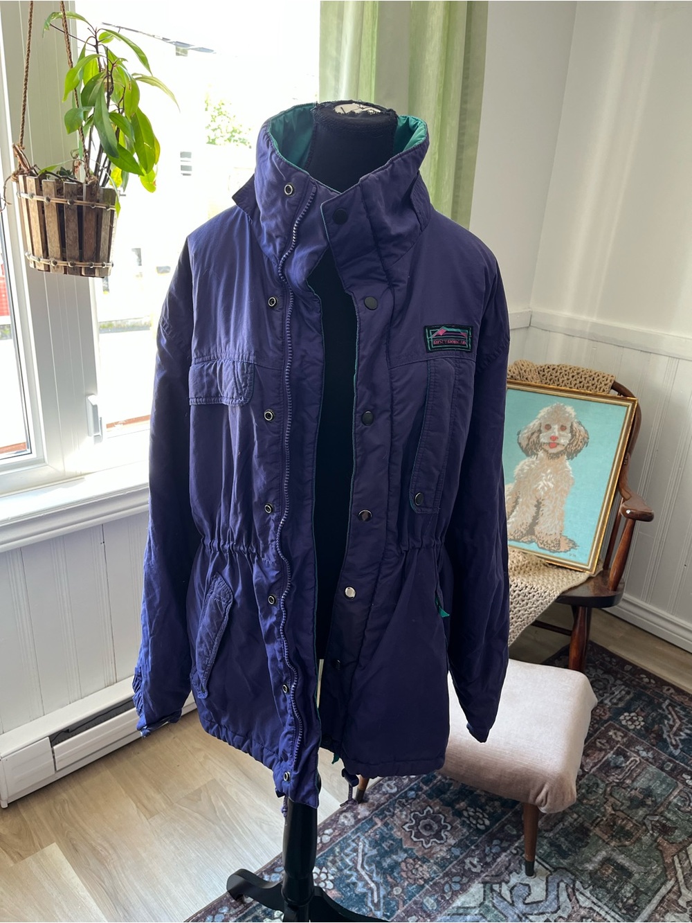 Women’s Vintage Puffer Jacket in Teal and Purple Misty Moutains Size L